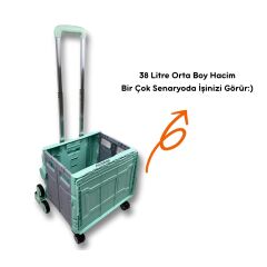 8 Tekerlekli Yeşil, 38L Orta Boy Hareketli Alüminyum Tutacaklı Alışveriş Arabası - Pazar Arabası