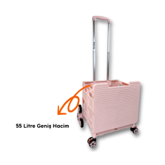 Piknik Masalı, 8 Tekerlekli, 55 Litre Pembe Katlanır Alışveriş Arabası - Pazar Arabası - Merdiven Çıkan