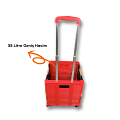 4 Tekerlekli, 55 Litre Kırmızı Katlanır Alışveriş Arabası