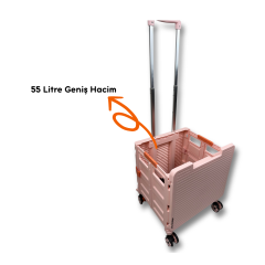 4 Tekerlekli, 55 Litre Pembe Katlanır Alışveriş Arabası - Hareketli Tutacaklı