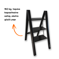 Portalife 3 Basamak Şık Alüminyum Siyah Merdiven- Alüminyum - Geniş Basamaklı Ev - Ofis Merdiveni