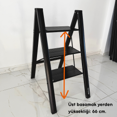 Portalife 3 Basamaklı Çelik Takviyeli Alüminyum Ev Tipi Şık Merdiven - Kalın Profil - Siyah