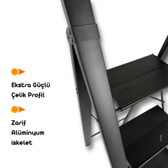 Portalife Tutma Kollu 4 Basamaklı Alüminyum Şık Merdiven – Geniş Basamaklı